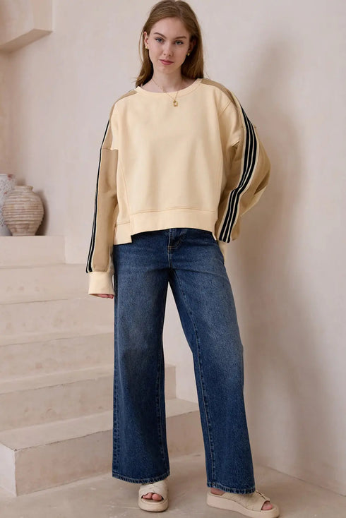 'Stellarae' Striped Long Sleeve Beige Sweater - Celes Fashion